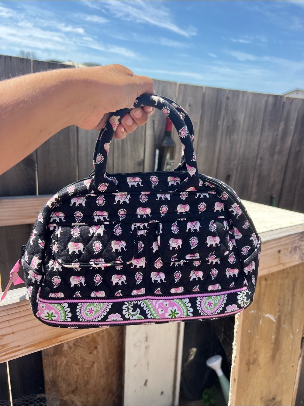 Vera Bradley Elephant Black Pink Satchel Handbag Zip Closure Retired 2007